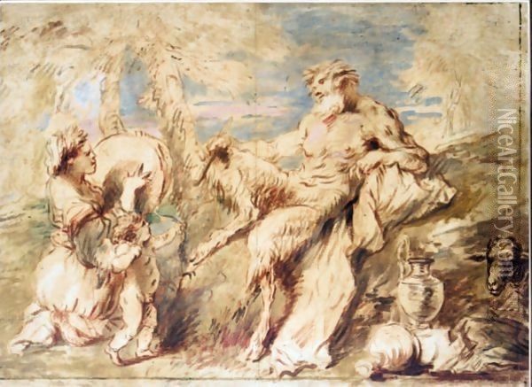 A Satyr And A Bacchante With Cupid In A Landscape Oil Painting - Giovanni Benedetto Castiglione