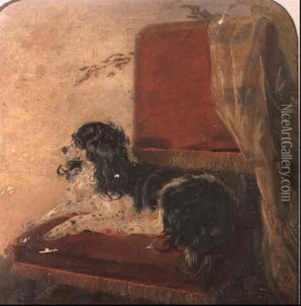 A King Charles Spaniel Seated Upon A Red Chair Oil Painting - Richard Ansdell