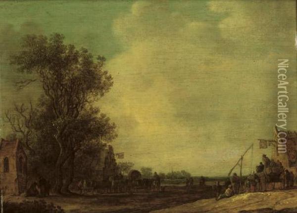 A Wooded Landscape With Travellers Outside An Inn Oil Painting - Jan van Goyen