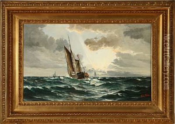Seascape With Several Ships On Open Sea At Sunset Oil Painting - Vilhelm Victor Bille