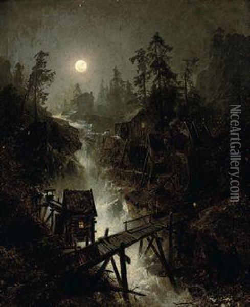 A Mining Town By Moonlight Oil Painting - Herman Herzog