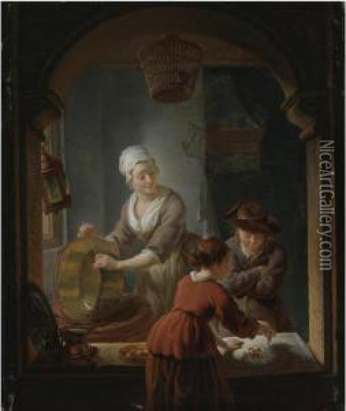 An Interior With A Kitchen Maid 
Cleaning A Copper Pot And A Youth And Young Woman Playing Jeu De L'oie Oil Painting - Louis de Moni