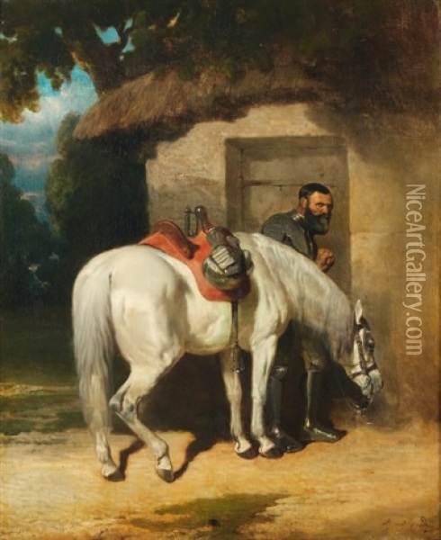 La Halte D'un Cavalier En Armure Oil Painting - Alfred De Dreux