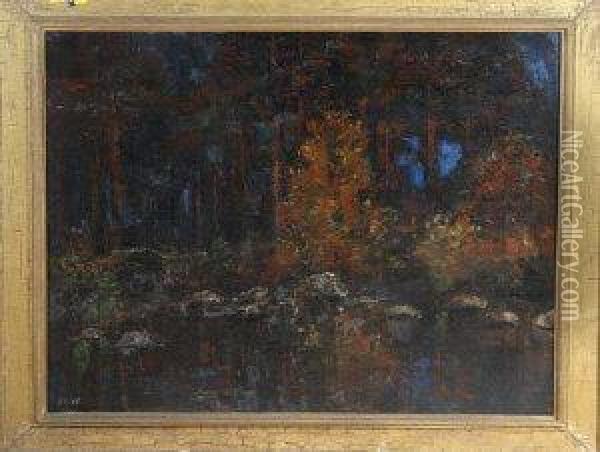 A Woodland Pool In Autumn Oil Painting - John Crampton Walker