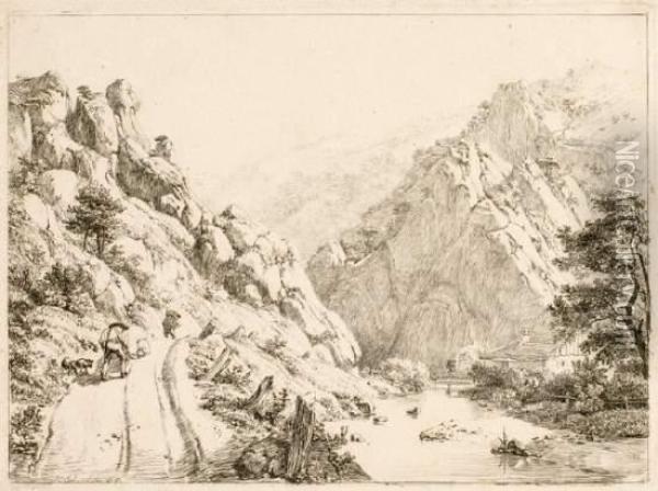 Flusslandschaft Im Gebirge Mit Bauern Oil Painting - Johann Christoph Erhard