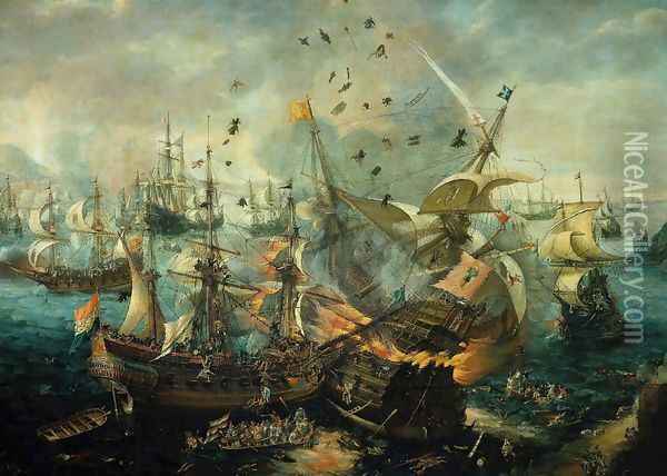 Explosion of the Spanish Flagship in the Battle of Gibraltar, 1607 Oil Painting - Cornelis Claesz van Wieringen