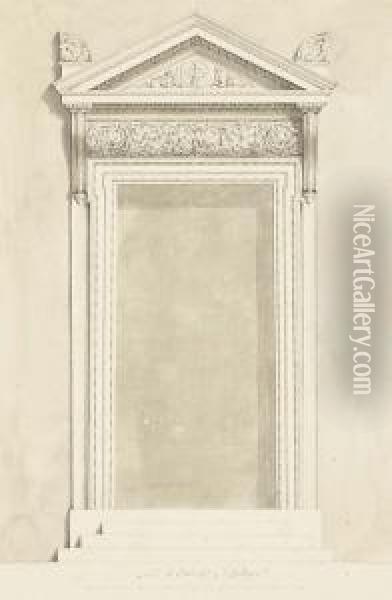 Une Porte Avec Une Frise D'acanthes, Deux Tritons Flanquant Des Armes Surmonte D'acrotheres Sur Le Fronton Oil Painting - Mauro Antonio Tesi