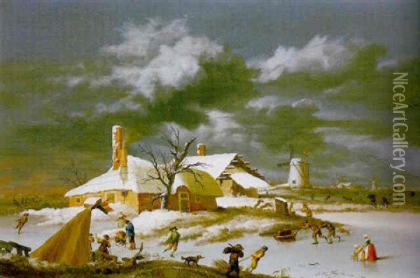Winter Landscape With Fishermen And Skaters On The Ice, A House And Windmills Beyond Oil Painting - Johannes Willem Tengeler