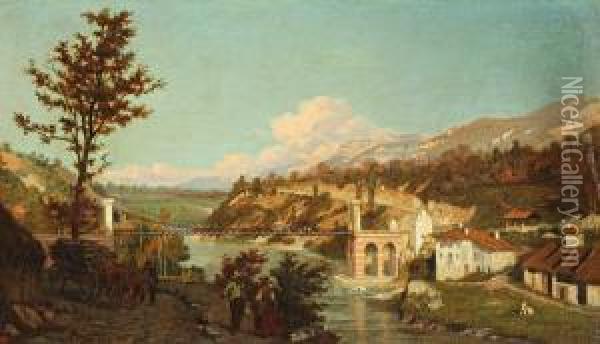 Paysage Au Pont Oil Painting - Henri Mmare