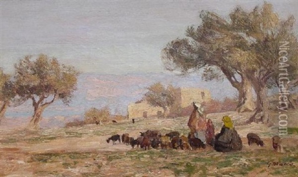 Jerusalem. Hirten Bei Ihrem Vieh Auf Dem Olberg Oil Painting - Georg Macco