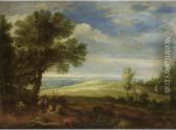 An Extensive Wooded Landscape 
With Monks Resting With A Donkey Near Trees In The Foreground, A 
Shepherd And His Herd Together With Horses On A Path In The Distance Oil Painting - Paul Bril