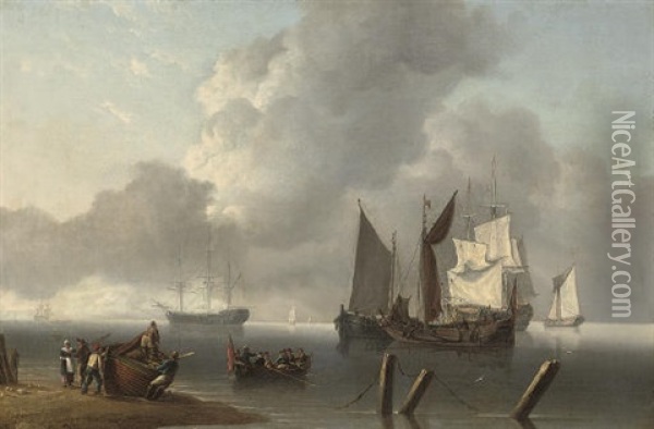 Warships Lying Offshore, The Commanding Admiral Being Rowed Out To Join The Flagship Oil Painting - Charles Martin Powell