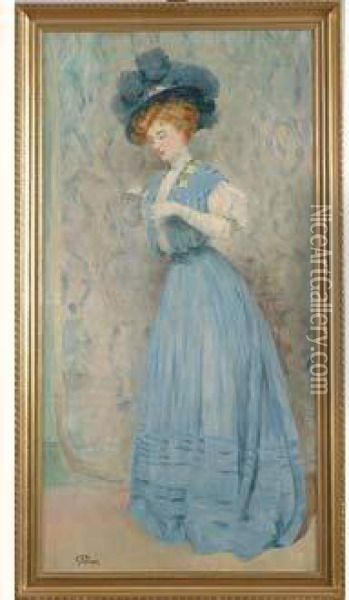 elegante Au Chapeau Bleu Oil Painting - Jules-Alexandre Grun