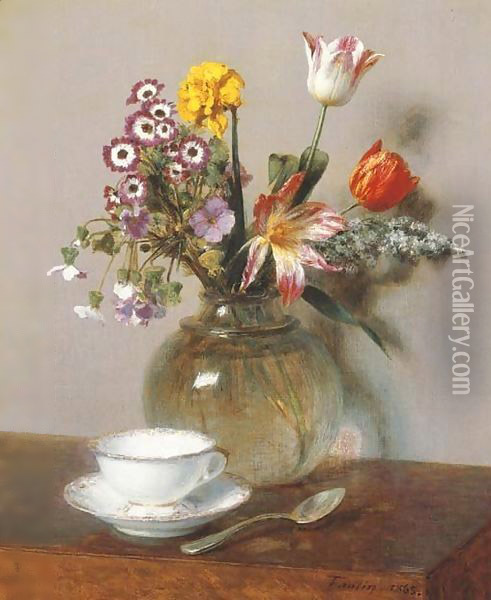 Vase de fleurs avec une tasse de cafe Oil Painting - Ignace Henri Jean Fantin-Latour