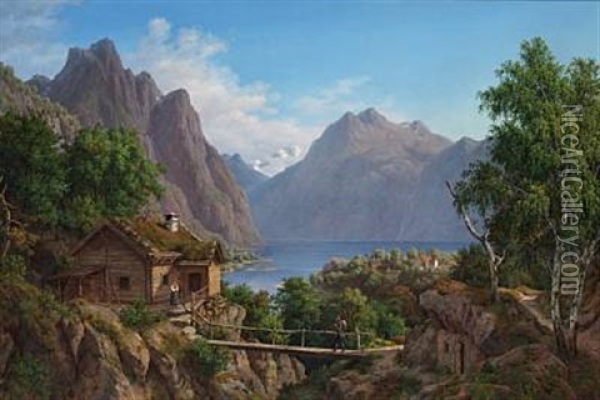 View Of An Alpine Landscape Oil Painting - August Wilhelm Boesen