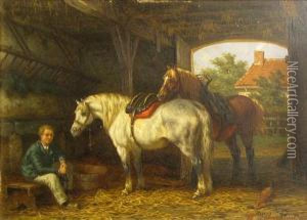 Two Horses And A Figure In A Barn Oil Painting - Willem Jacobus Boogaard