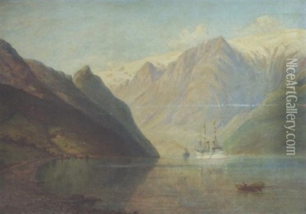 Norwegische Fjordlandschaft Mit Dampfer Oil Painting - Albrecht Kurz
