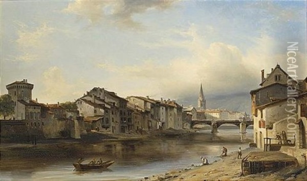 A Town By A River Oil Painting - Baron Jean Antoine Theodore Gudin
