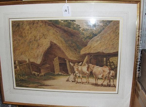 Donkeys By A Thatched Barn Oil Painting - Robert Hills