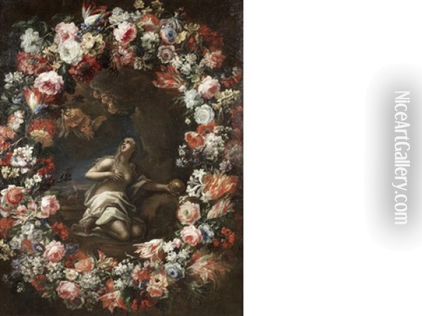 The Penitent Magdalen Surrounded By A Garland Of Flowers Oil Painting - Nicola Malinconico