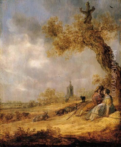 A Landscape With A Shepherd And Shepherdess, A Church Beyond Oil Painting - Jan van Goyen