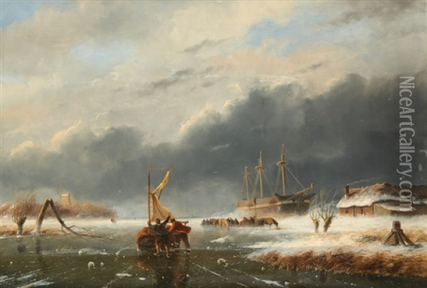Le Dechargement Du Trois-mats Pris Dans La Glace Oil Painting - Nicolaas Johannes Roosenboom