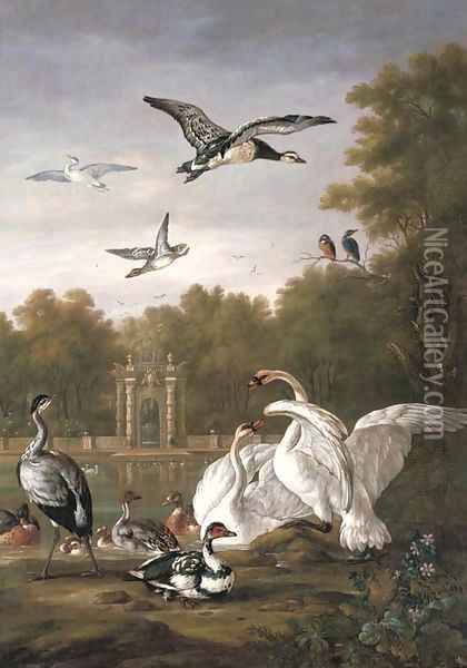 A park with swans, ducks and other birds by a pond Oil Painting - Pieter Casteels III
