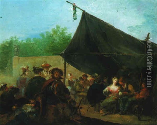 A Party Of Merrymakers Drinking Under An Awning Oil Painting - Giuseppe Bernardino Bison