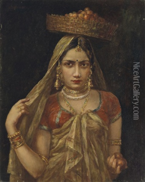 Untitled (lady With Fruit Basket) Oil Painting - Hemen Mazumdar