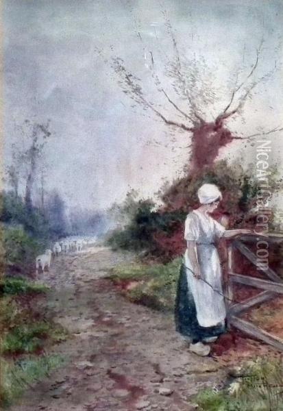 Dutch Country Landscape With Shepherdess By A Gate And Her Flock To Background Oil Painting - Hutton Mitchell