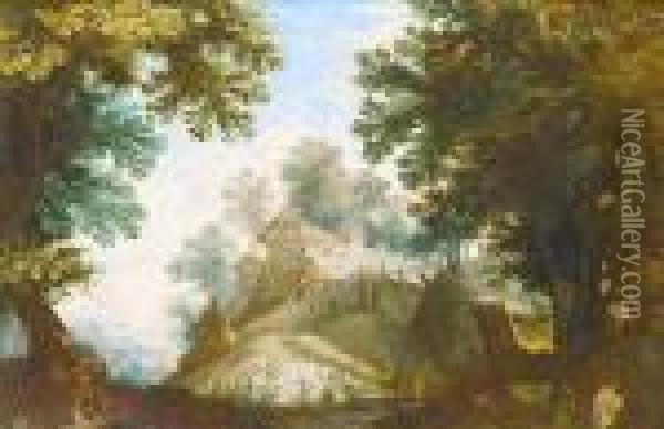 A Hermit By A Tree In A Wooded Landscape, With A Village On The Horizon Oil Painting - Paul Bril