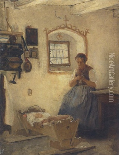Bauerin An Der Wiege Oil Painting - Alois Gabl