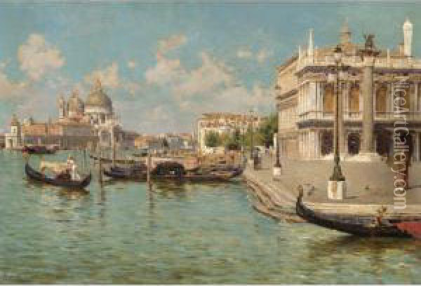Gondoliers By St Mark's Square With Santa Maria Della Salute Beyond Oil Painting - August Lovatti