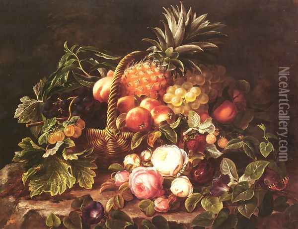 A Still Life Of A Basket Of Fruit And Roses Oil Painting - Johan Laurentz Jensen