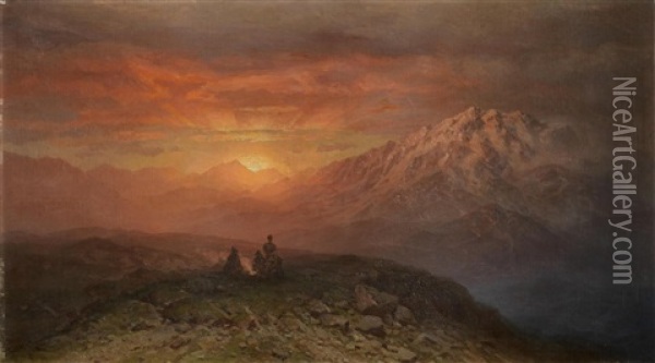 Sunset In The Caucasian Mountains Oil Painting - Il'ia Nikolaevich Zankovskii