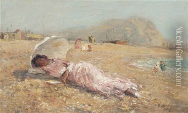 The Girl In The Pink Dress, The Artist's Wife, On Hastings Beach Oil Painting - Harry Mitton Wilson