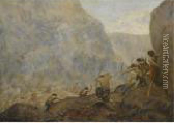 Warriors In The Mountains Oil Painting - Marius Bauer
