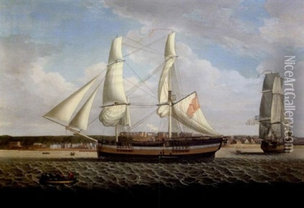 A Departing Brig Off Maryport Harbor Oil Painting - Robert Salmon