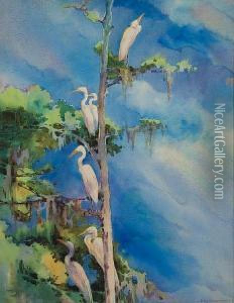 Snowy Egrets In A Tree Oil Painting - Alice Ravenel Huger Smith