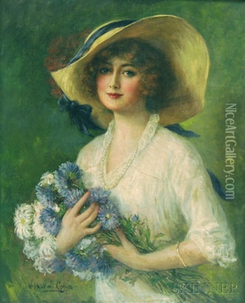 Portrait Of A Young Woman Holding A Bouquet Of Flowers Oil Painting - William Haskell Coffin