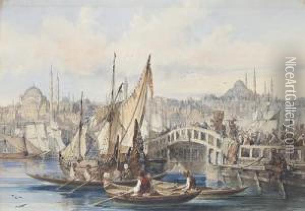 The Galata Bridge, Istanbul Oil Painting - Amadeo Preziosi