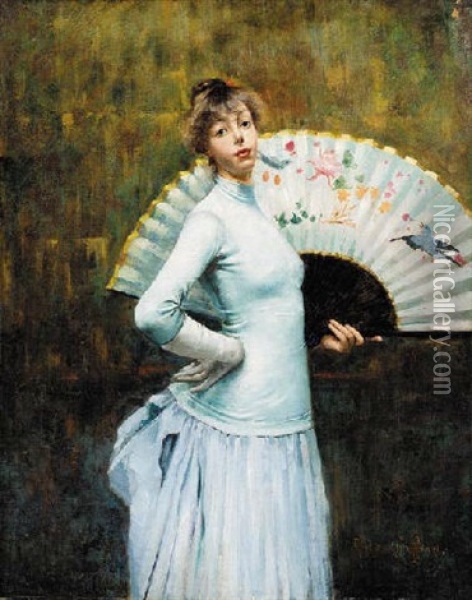 Elegant Lady Holding A Fan Oil Painting - Eugene Chaffanel