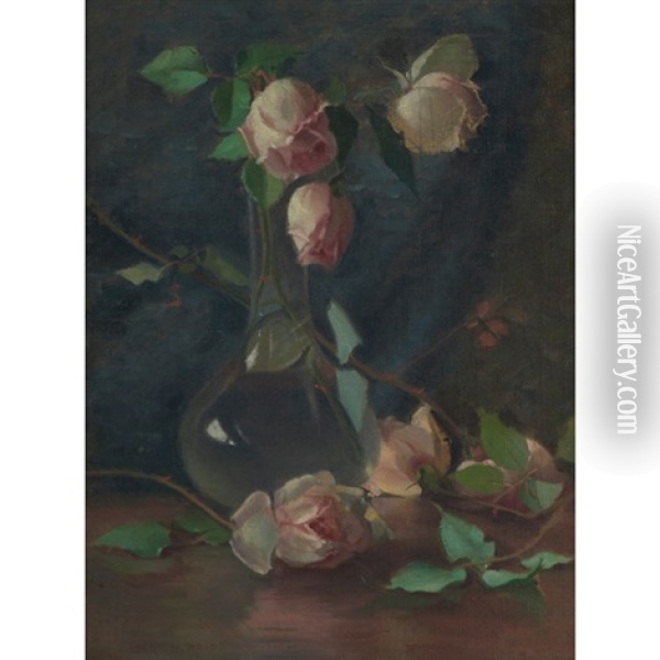 Still Life With Pink Roses Oil Painting - Mary Augusta Hiester Reid