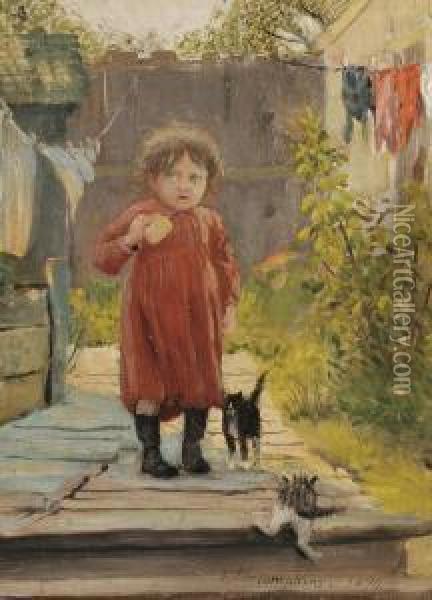 In The Alley/a Little Girl With Kittens Oil Painting - Frank Henry (Hector) Tompkins