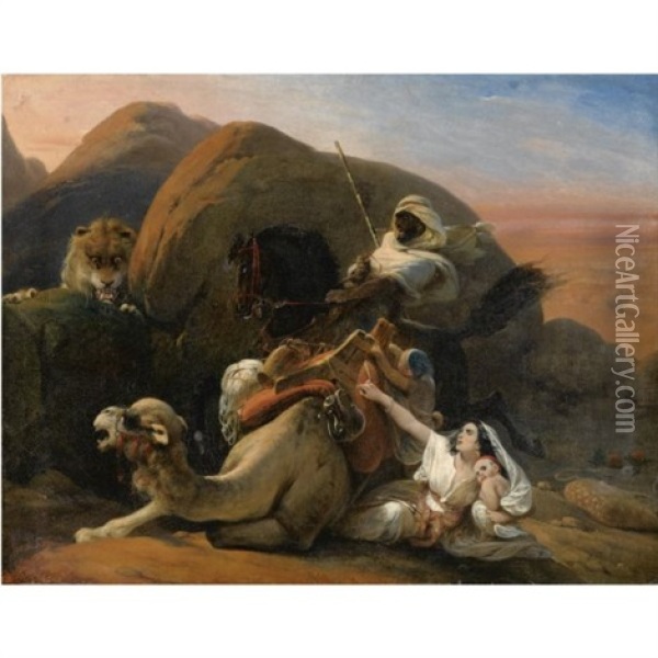 Lion Surprising An Arab Family Oil Painting - Heinrich Frederic Schopin