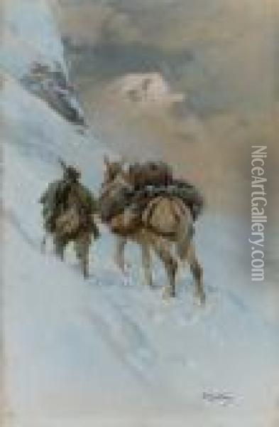 Alpino Con Mulo - (1916 C.) Oil Painting - Achille Beltrame