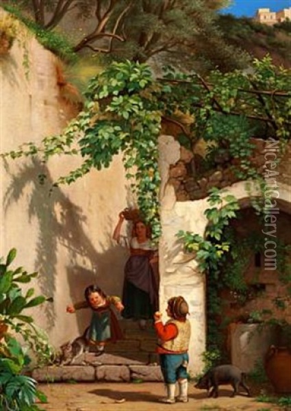 En Italiensk Familie- An Italian Family Oil Painting - Carl Vilhelm Balsgaard
