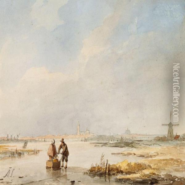 Dutch Winter Scene With A Couple On A Frozen Channel Oil Painting - Andreas Schelfhout