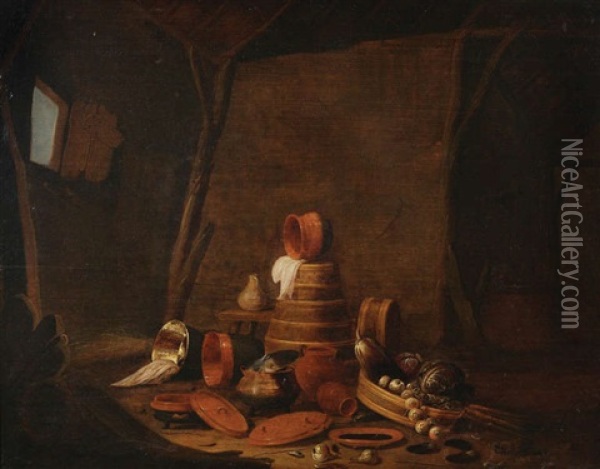 Remise Avec Gres Et Legumes (oignons, Salade, Aubergine) Oil Painting - Hendrik Van Steenwijk