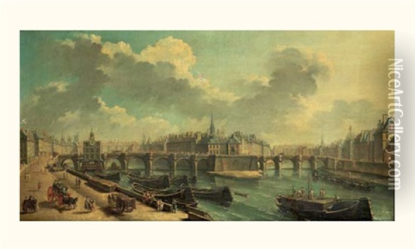 Vue Du Pont Neuf Avec La Samaritaine, Et L'ile De La Cite Oil Painting - Jean Baptiste Nicolas Raguenet